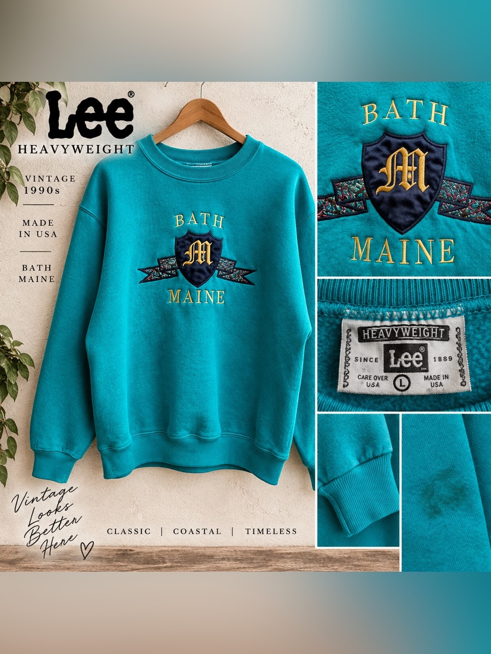 Vintage 90s Lee Heavyweight Bath Maine Crewneck Sweatshirt USA Made L